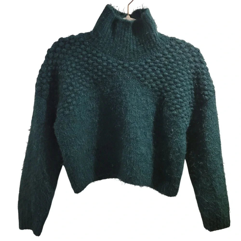 Free People Teal Green Popcorn Stitch Mock Neck Fuzzy Knit Sweater‎ Small